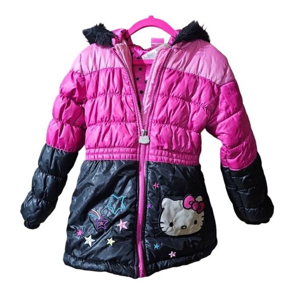 SOLD!! HELLO KITTY Pink Black Puffer Hoodie Jacket - Size 6 - Picture 1 of 8